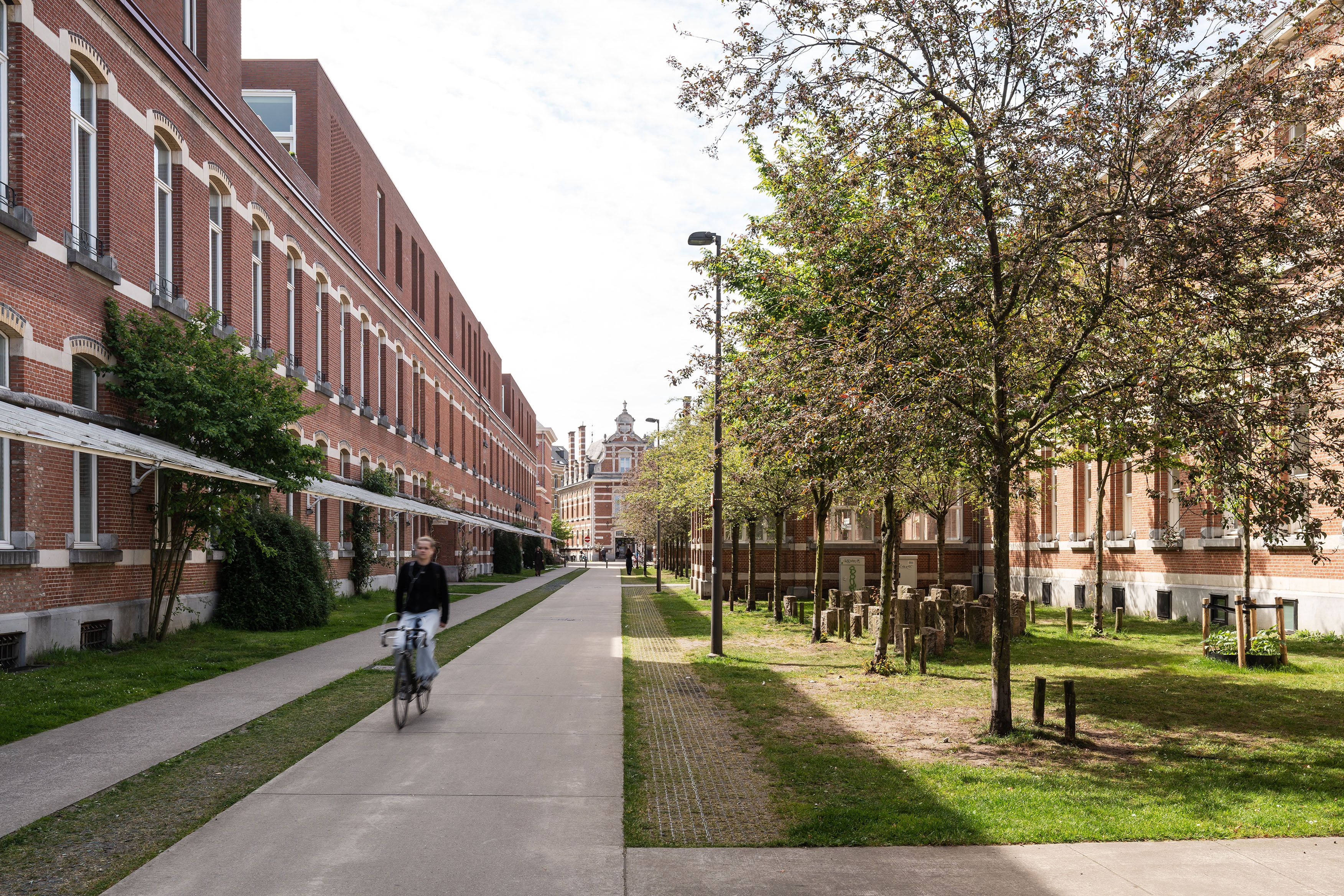 Straat met een fietser in het Groen Kwartier. Links is de oorspronkelijke bebouwing opgehoogd met een moderne uitbreiding. Door de bomen zijn rechts de oude ziekenhuispaviljoenen te zien.